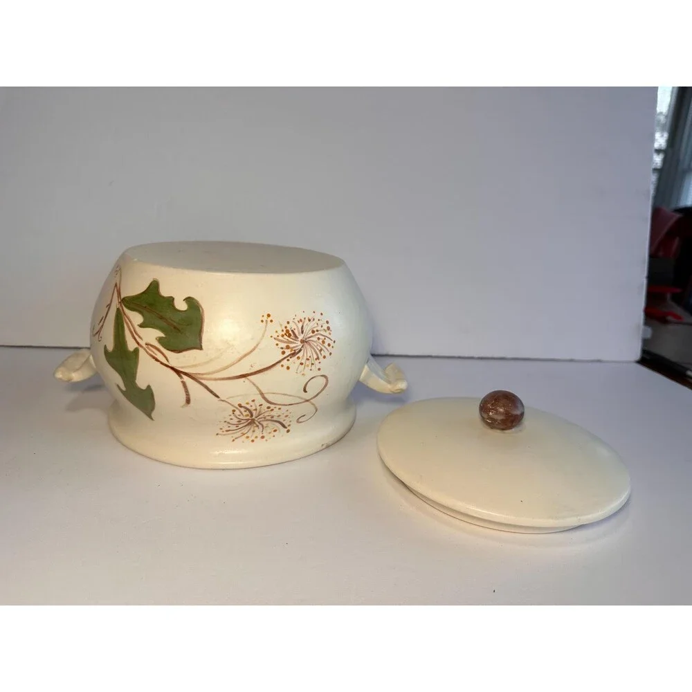 Handmade Hand Painted Ceramic Bean Pot Casserole with Dandelion Design - Signed